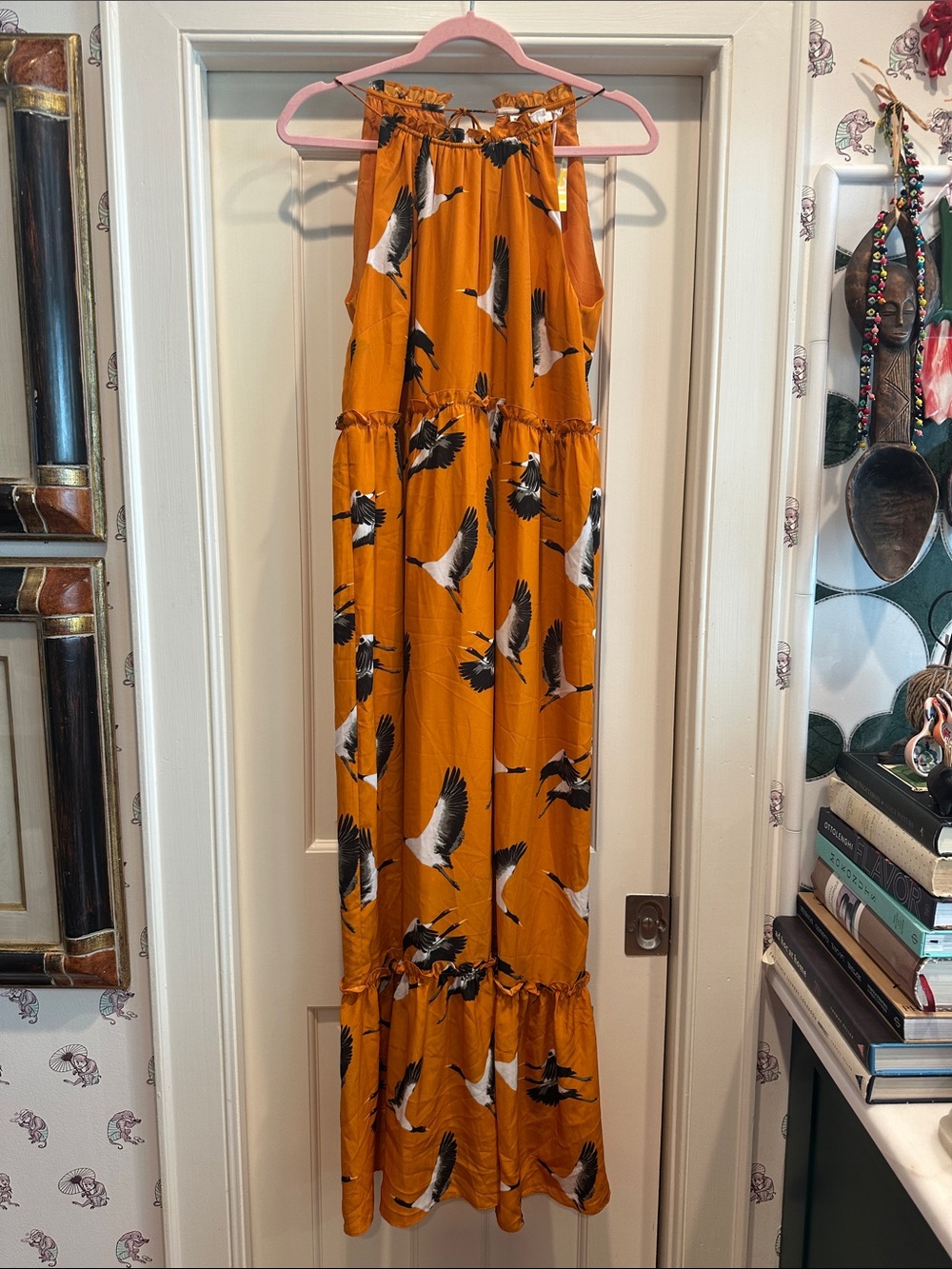 Roller Rabbit Sleeveless Crane Print Maxi Maxi in Mustard